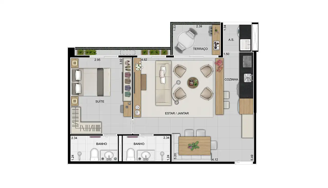 58 a 69m² - 2 dorms. (opção sala ampliada)