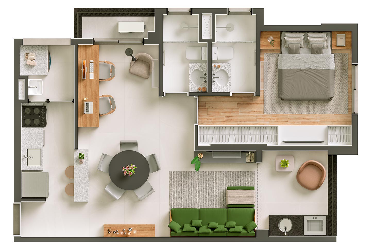 60,42m² - 1 suíte e sala ampliada - Torre B
