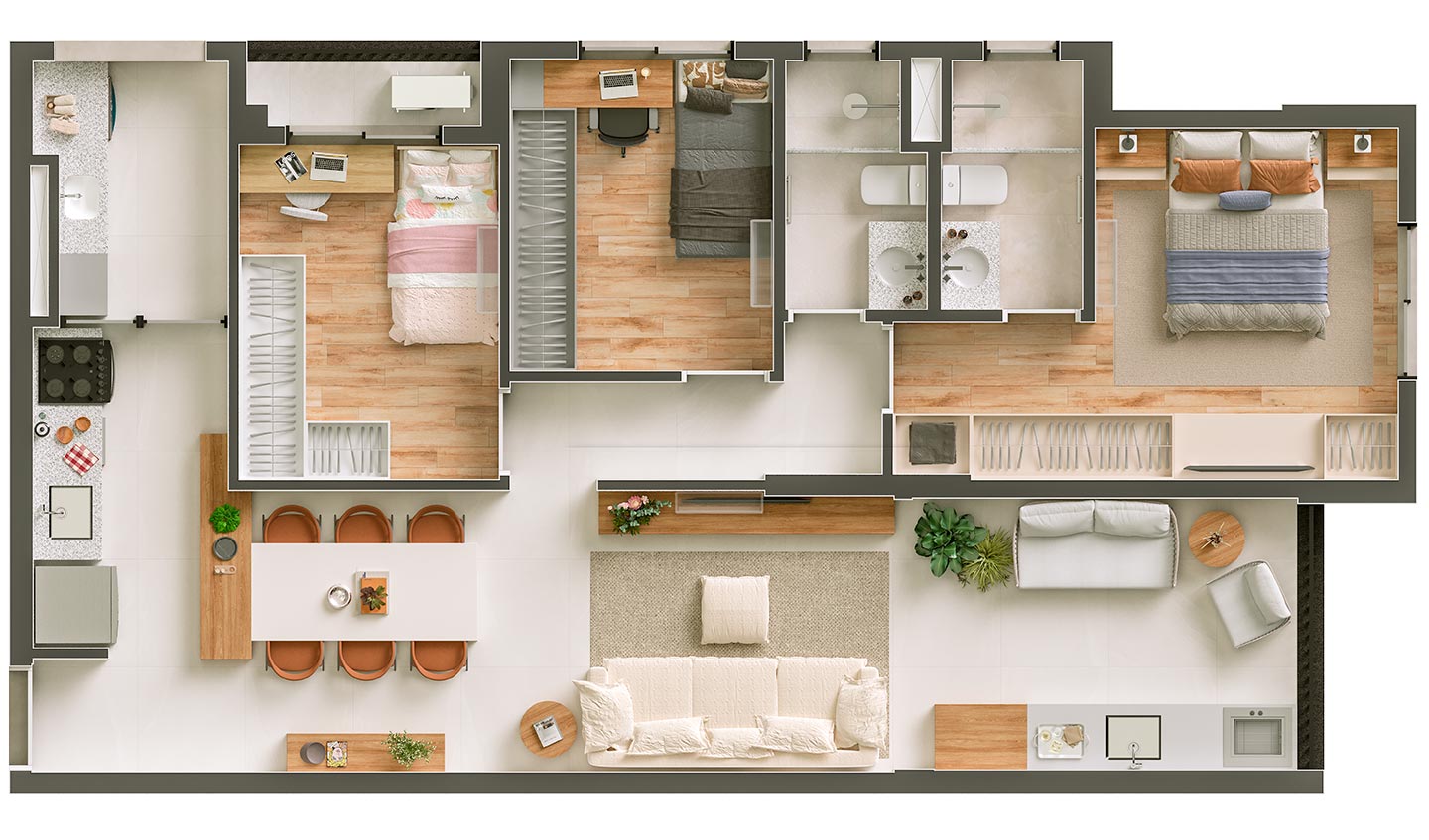85,11m² - Apto. Tipo - 3 dorms. (1 suíte) - Torre A