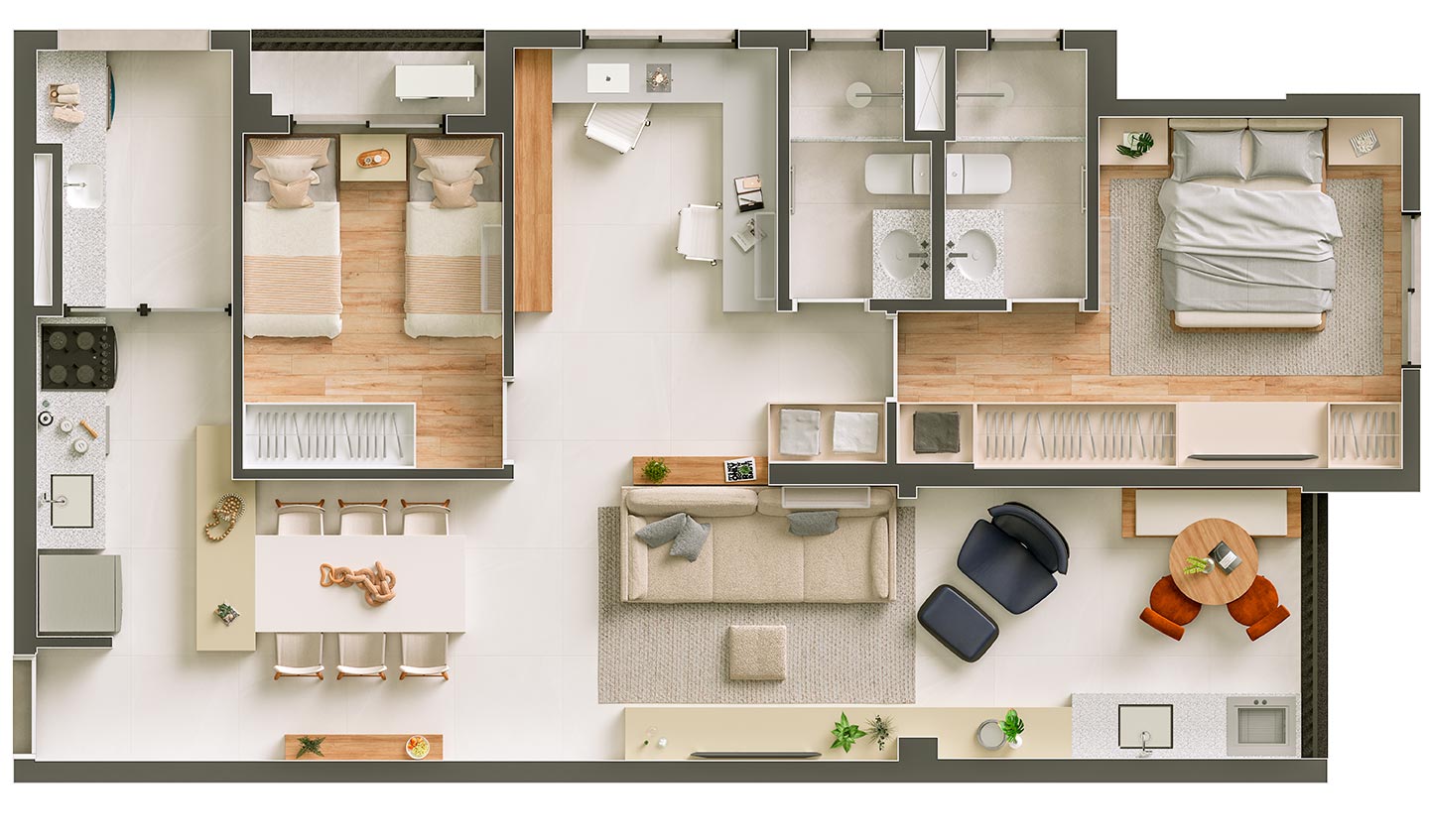 85,11m² - 2 dorms. (1 suíte) e sala ampliada - Torre A