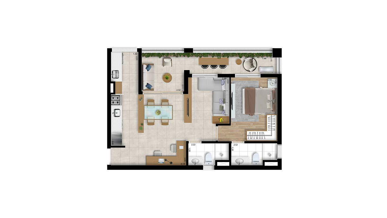 Apto 63,91m² - Sala Ampliada e 1 Dorm. - Final 3